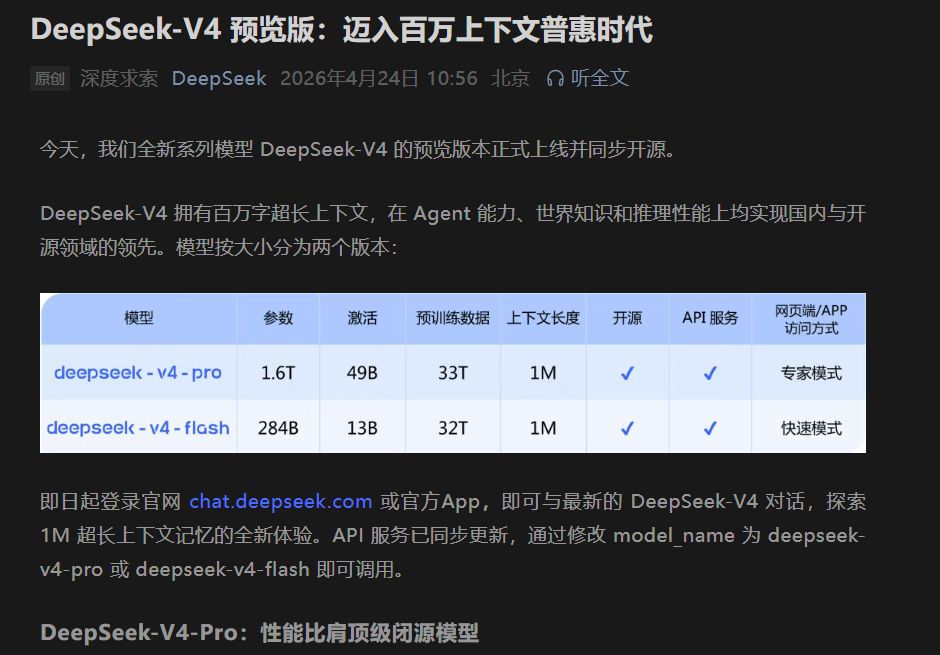 DeepSeek-V4 發布：開源再度逼近頂級閉源模型，重點其實是「你能不能把它變成自己的底層能力」