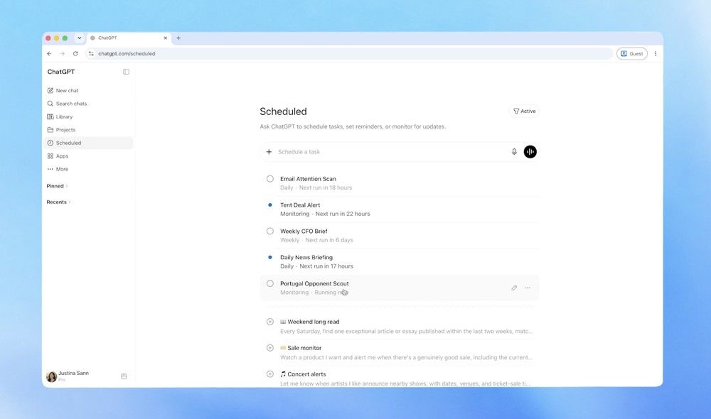 ChatGPT 排程任務正式登場：可定時監控網頁、APP，自動推送你關心的內容