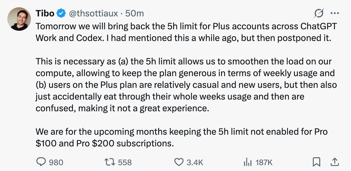 ChatGPT Plus 的 5 小時上限回來了：Codex 與 Work 重新變成「雙重限制」，你的用法要改